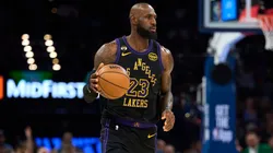 LeBron James #23 of the Los Angeles Lakers brings the ball up.