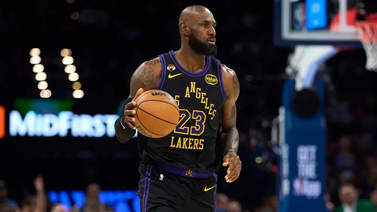LeBron James #23 of the Los Angeles Lakers brings the ball up.