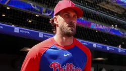 First baseman Bryce Harper #3 of the Phillies takes the field to warm up.