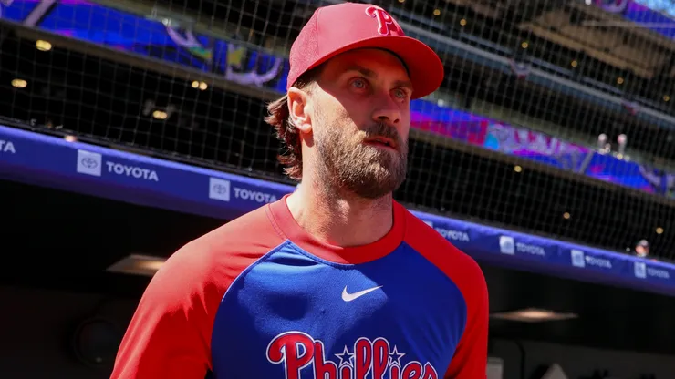 First baseman Bryce Harper #3 of the Phillies takes the field to warm up.