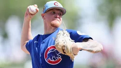 Cade Horton #22 of the Cubs pitches against the Rangers.