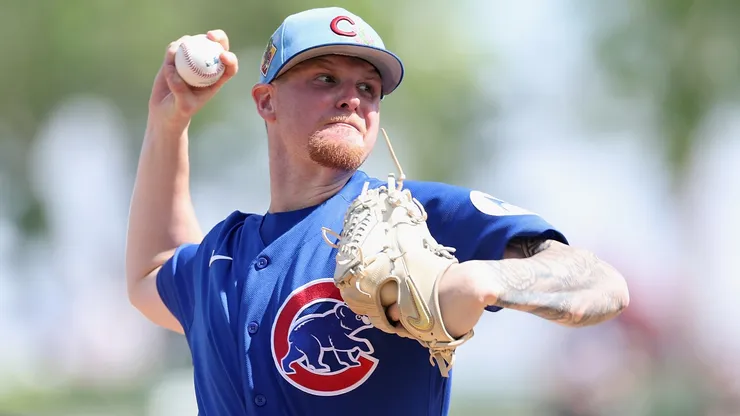 Cade Horton #22 of the Cubs pitches against the Rangers.