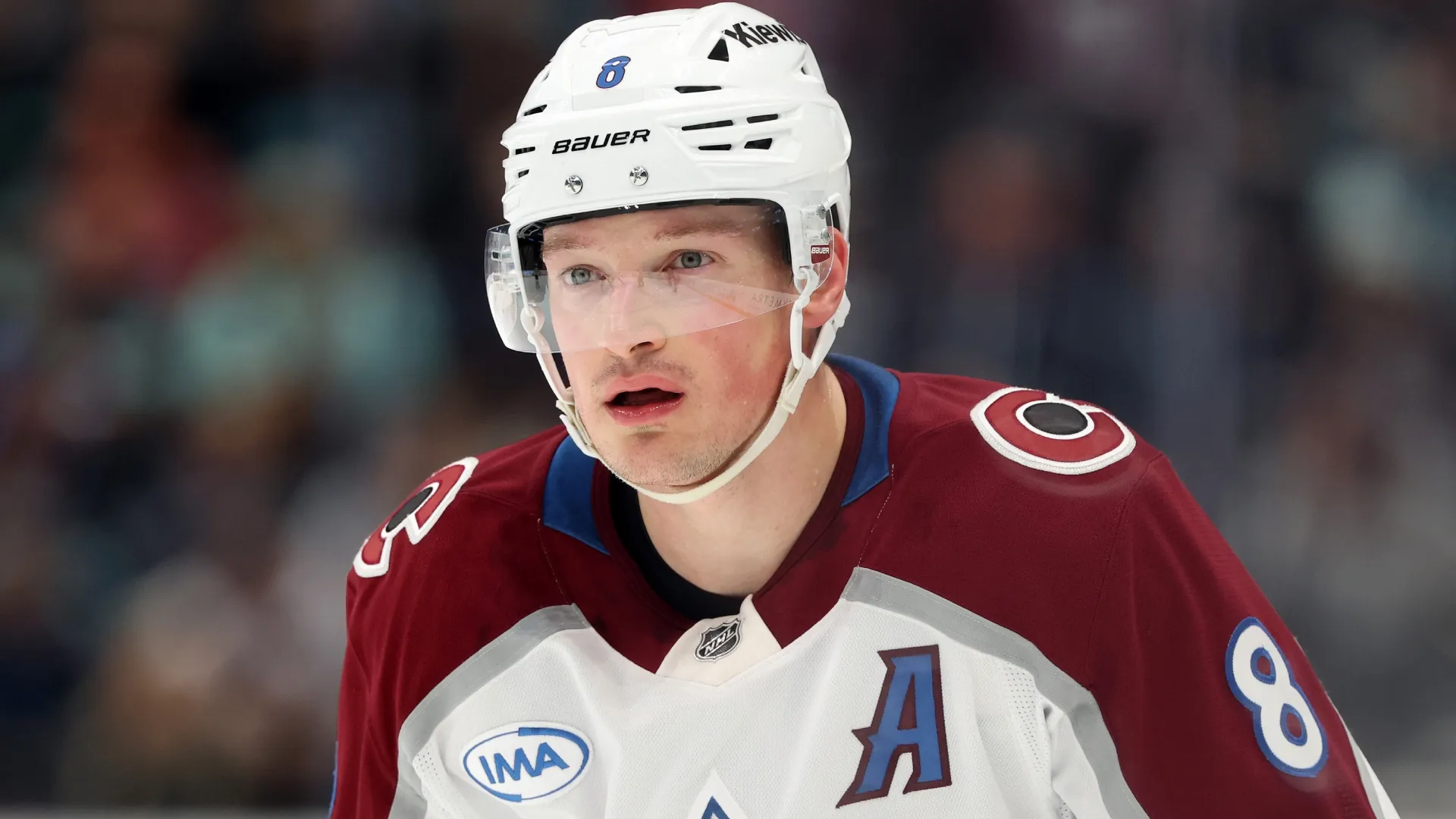 Cale Makar #8 of the Colorado Avalanche looks on during the first period (Source: Steph Chambers/Getty Images)