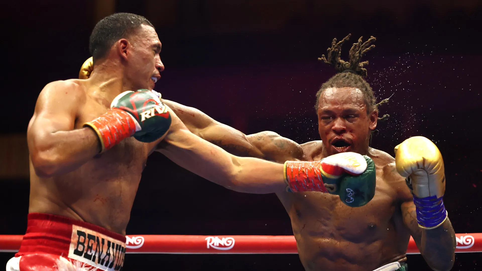 David Benavidez exchanges punches with Anthony Yarde in a WBC and WBA light-heavyweight title fight. Richard Pelham/Getty Images
