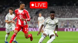 Vinicius Jr of Real Madrid is challenged by Michael Olise of FC Bayern Munich.