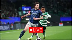 Declan Rice of Arsenal is put under pressure by Geny Catamo of Sporting Clube de Portugal.