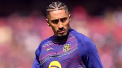 Raphinha of Barcelona looks on during the warm up prior to the LaLiga EA Sports match in 2026.