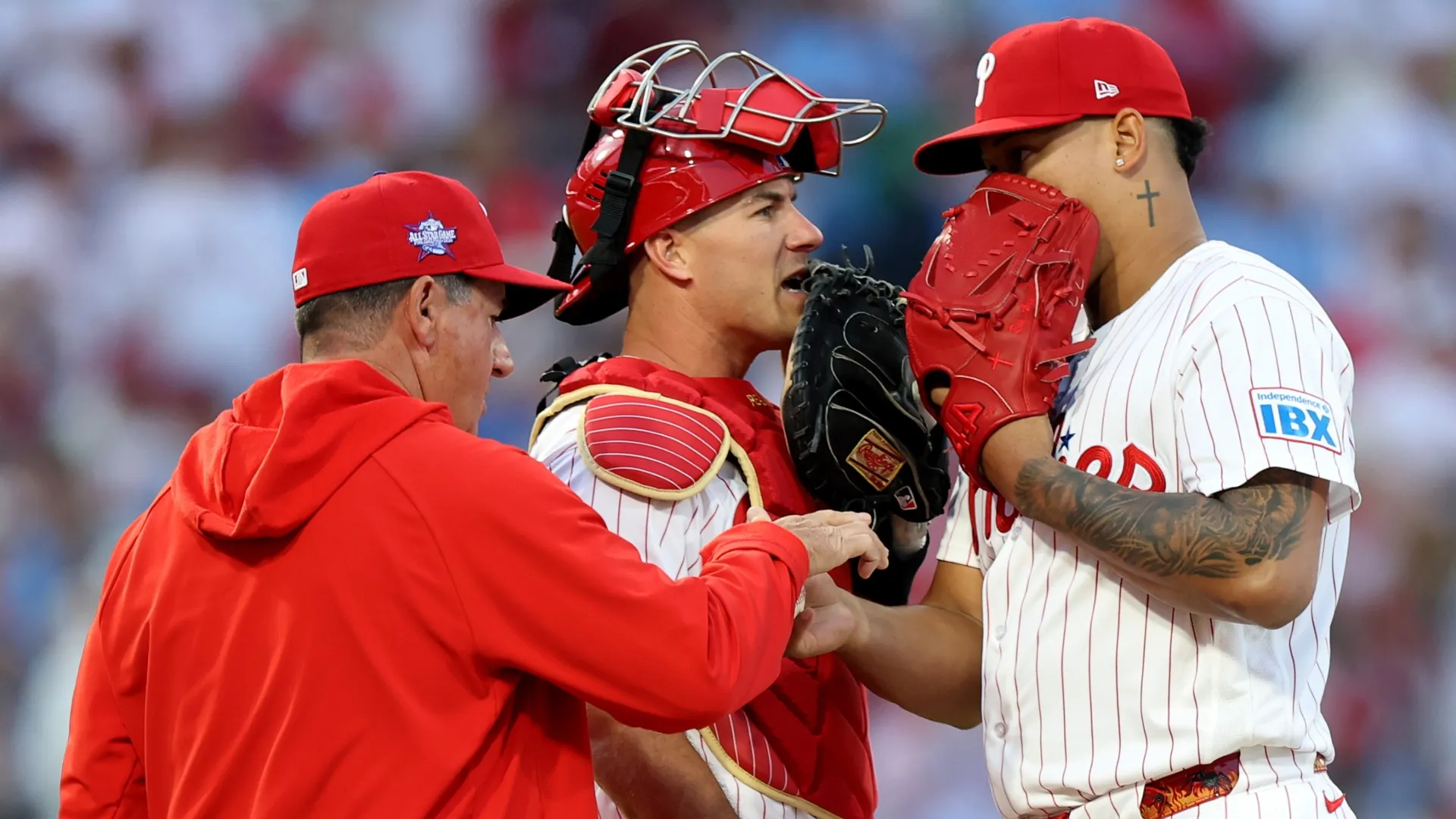 J.T. Realmuto downplays concern as Phillies’ offense goes quiet, stressing confidence despite early struggles. Emilee Chinn/Getty Images
