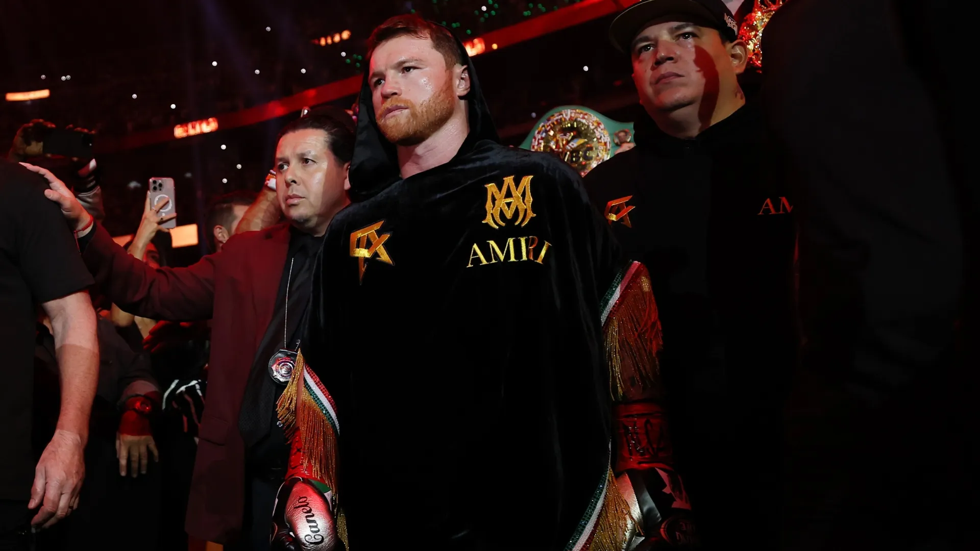 Canelo Alvarez makes his ring walk. Sarah Stier/Getty Images for Netflix