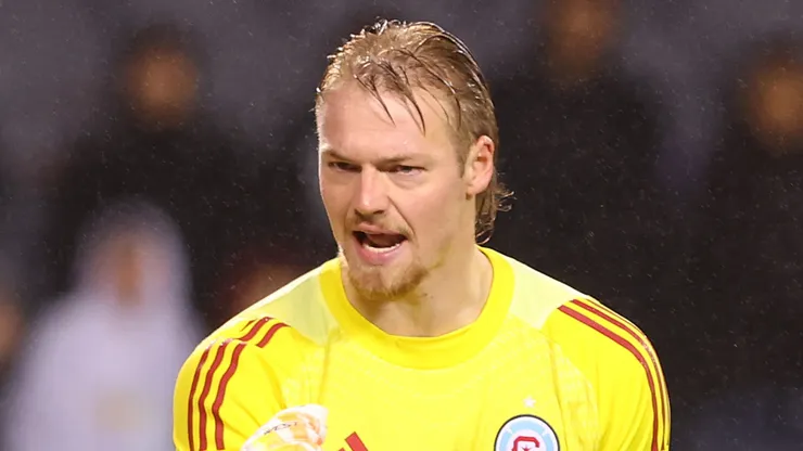 Chicago Fire FC goalkeeper Chris Brady celebrates.
