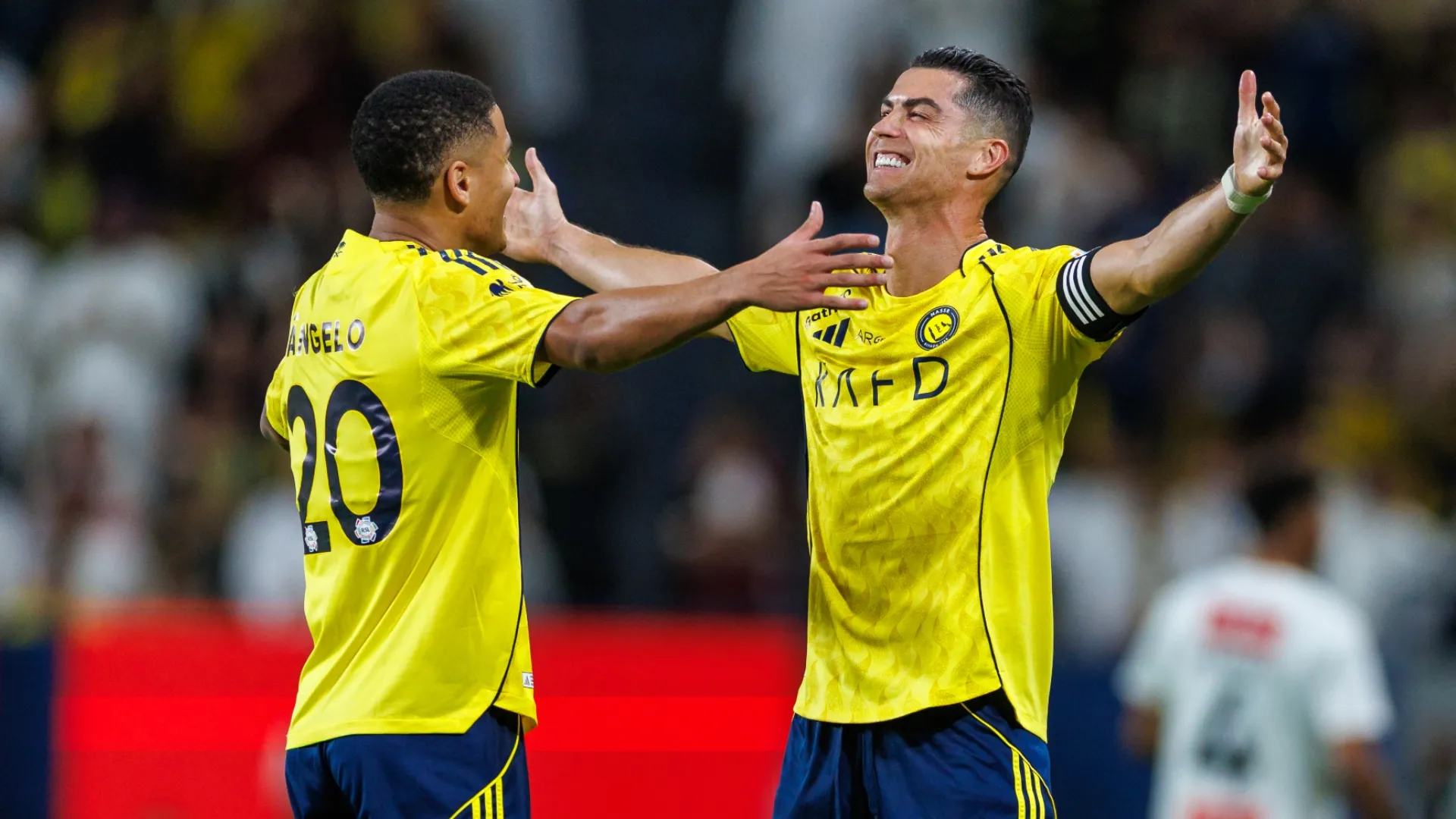 Cristiano Ronaldo of Al Nassr celebrates a goal with Angelo. (Getty Images)
