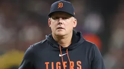 Manager A.J. Hinch #14 of the Detroit Tigers watches from the dugout.