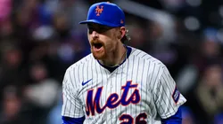 Nolan McLean #26 of the New York Mets reacts after throwing a strikeout.