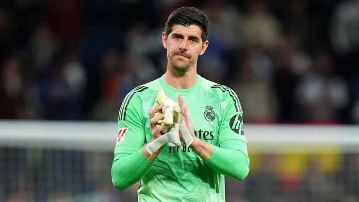 Thibaut Courtois of Real Madrid acknowledges the fans following a LaLiga EA Sports match.