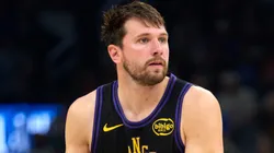 Luka Doncic #77 of the Los Angeles Lakers brings the ball up.