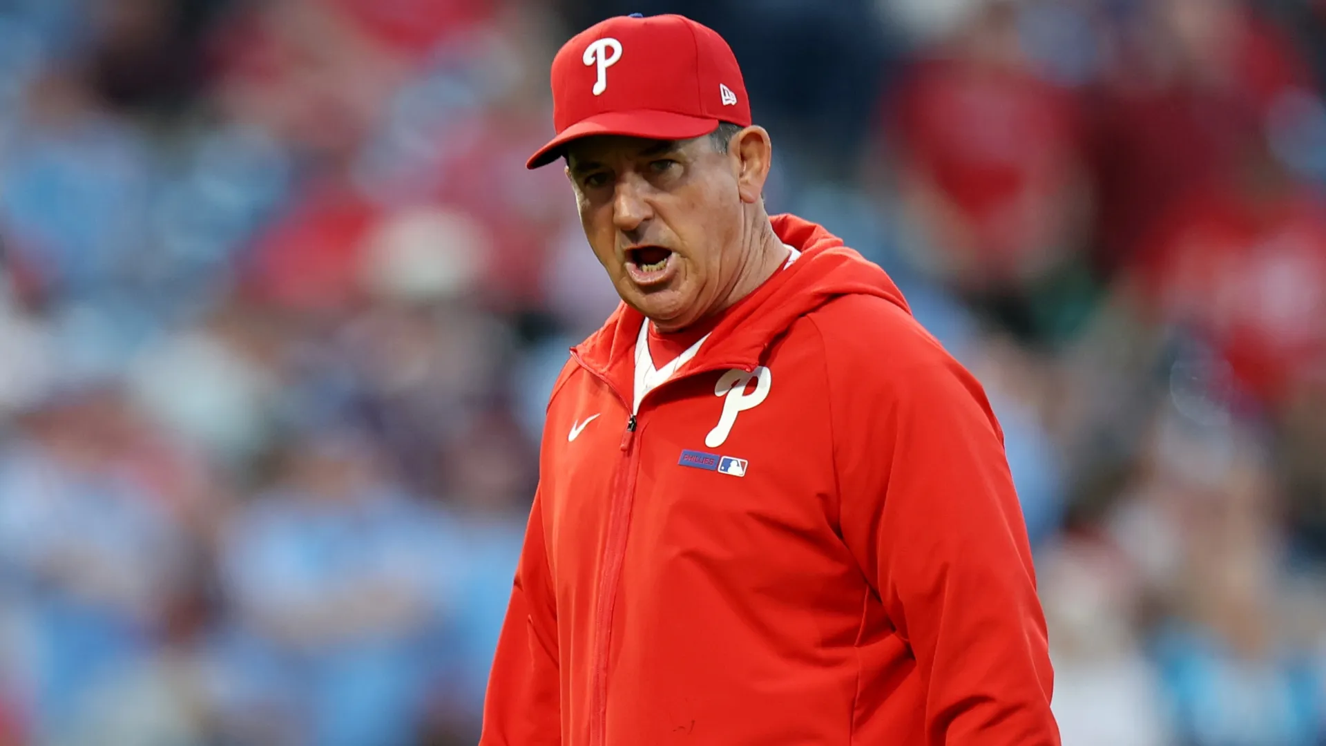 Phillies manager Rob Thomson reacts during a pitching change. Emilee Chinn/Getty Images