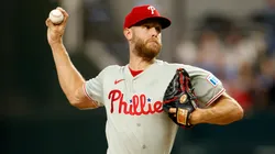 Zack Wheeler #45 of the Phillies pitches against the Rangers.