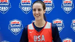 Caitlin Clark addresses the media during the United States Women's Basketball Team.
