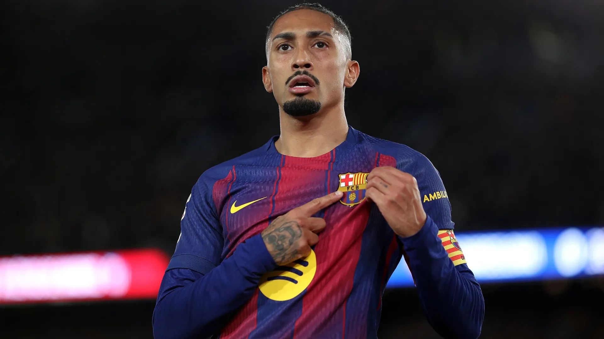 Raphinha celebrates scoring his team’s first goal during the LaLiga EA Sports match (Source: Eric Alonso/Getty Images)
