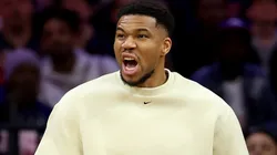 Giannis Antetokounmpo #34 of the Milwaukee Bucks reacts.