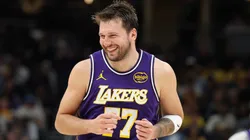 Luka Doncic #77 of the Los Angeles Lakers celebrates.
