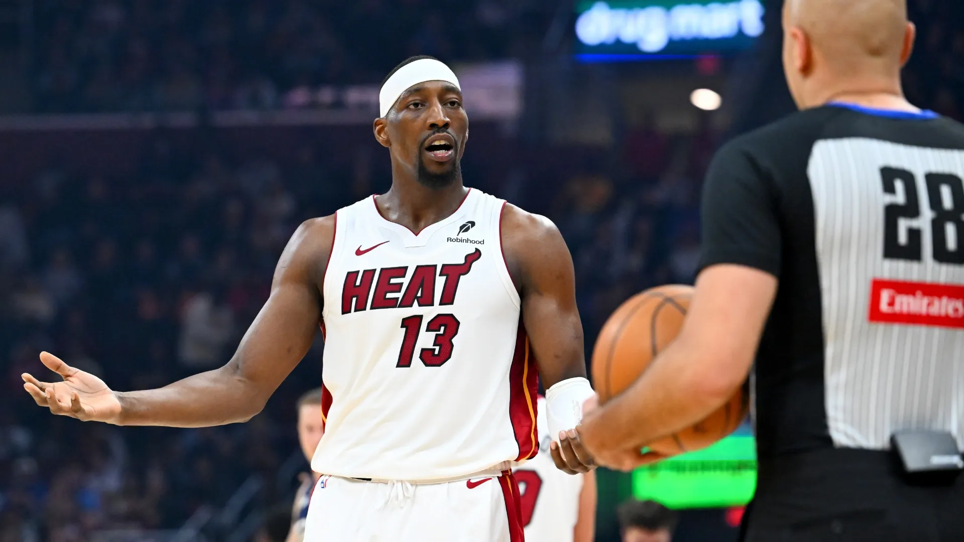 Bam Adebayo #13 of the Miami Heat argues a call with referee Mousa Dagher in 2026 (Source: Jason Miller/Getty Images)