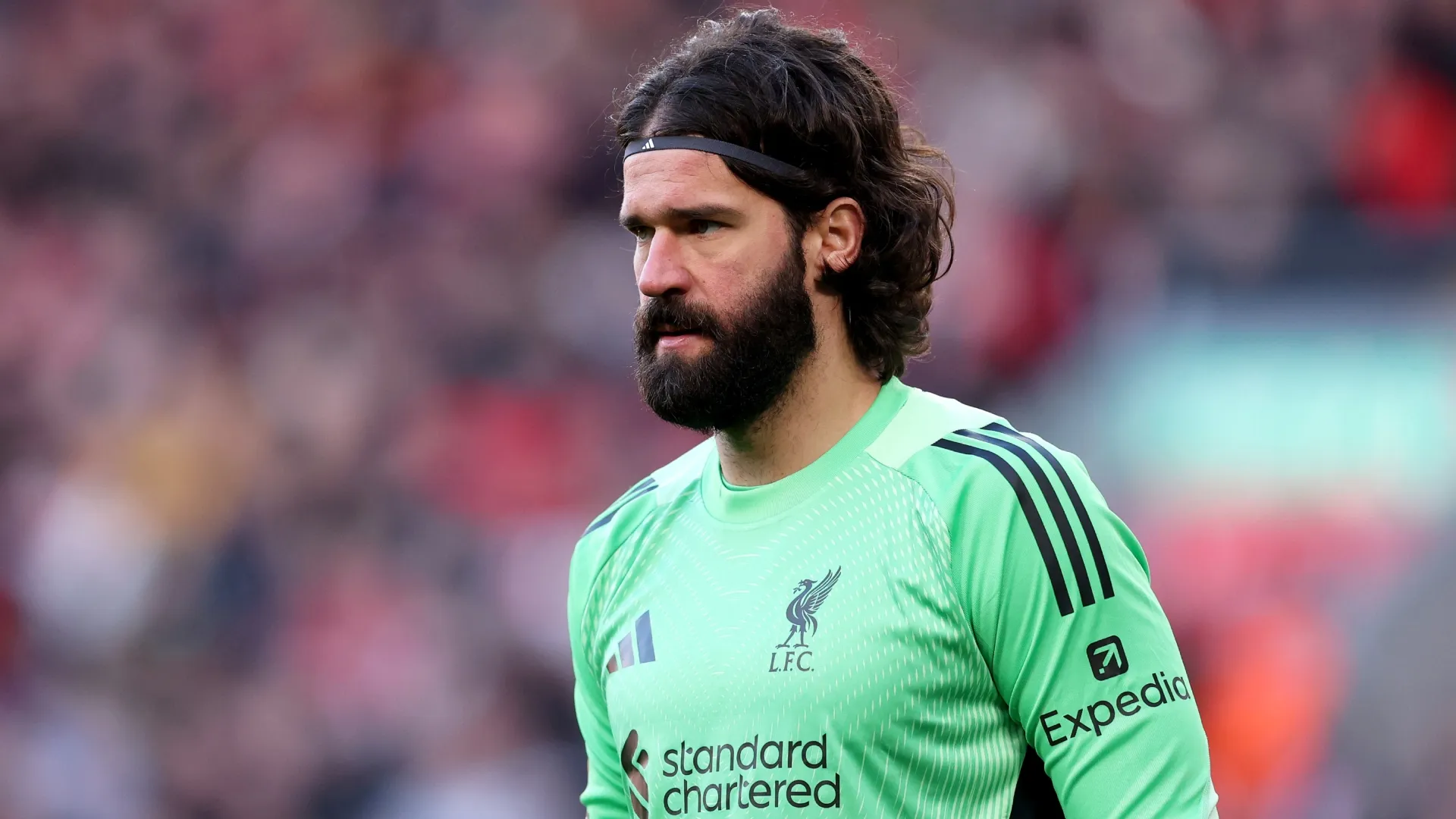 Alisson Becker of Liverpool looks on during the Premier League match against West Ham United (Source: Michael Regan/Getty Images)