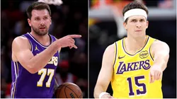 Luka Doncic #77 and Austin Reaves #15 of the Los Angeles Lakers in 2026.