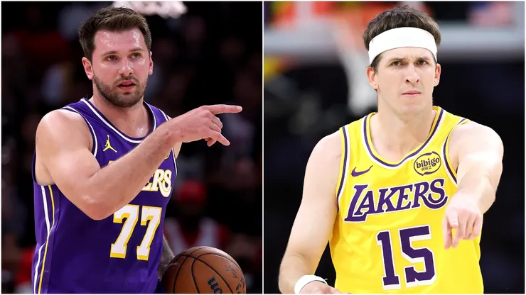 Luka Doncic #77 and Austin Reaves #15 of the Los Angeles Lakers in 2026.