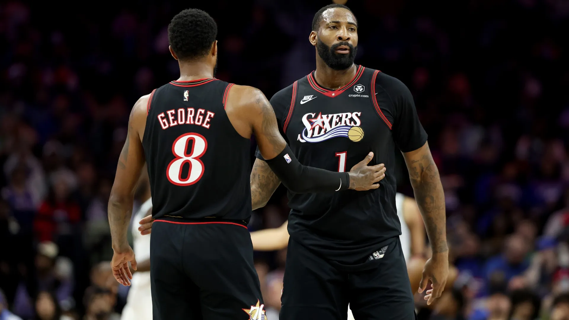 Paul George #8 and Andre Drummond #1 of the Philadelphia 76ers in 2026 (Source: Emilee Chinn/Getty Images)