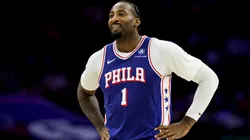 Andre Drummond #1 of the 76ers smiles during the first half against the Boston Celtics in 2025.