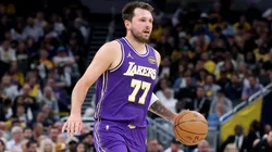 Luka Doncic #77 of the Los Angeles Lakers dribbles the ball.