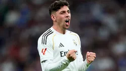 Federico Valverde celebrates after scoring his team's first goal during a LaLiga EA Sports match.