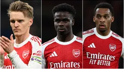 Martin Odegaard, Bukayo Saka and Jurrien Timber in 2026.