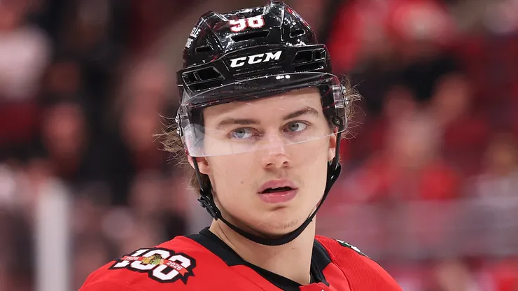 Connor Bedard #98 of the Chicago Blackhawks at the United Center.