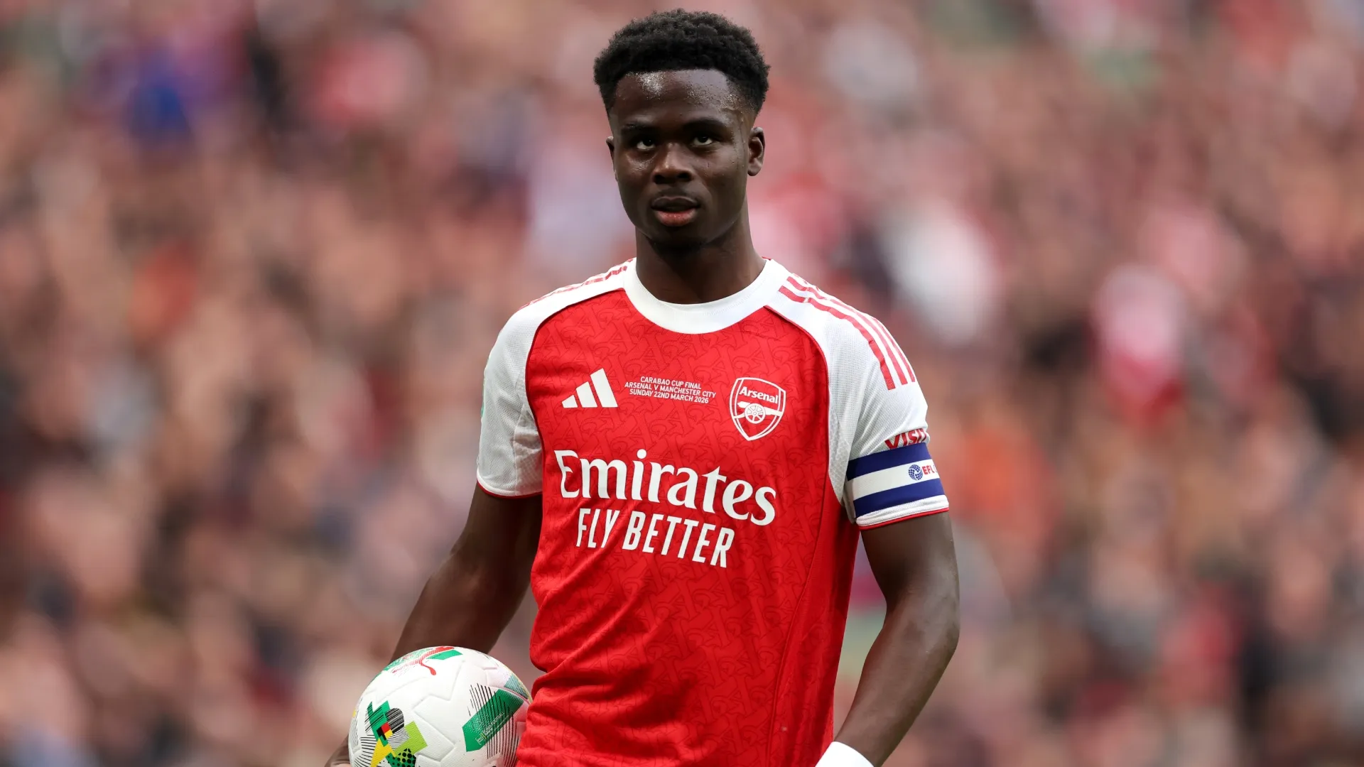 Bukayo Saka of Arsenal looks on during the Carabao Cup Final match (Source: Julian Finney/Getty Images)