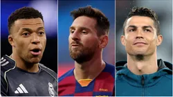 Kylian Mbappe (left), Lionel Messi (middle), and Cristiano Ronaldo (right)