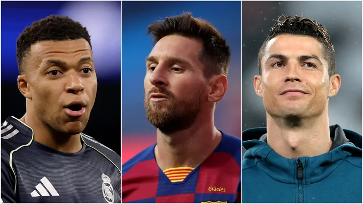 Kylian Mbappe (left), Lionel Messi (middle), and Cristiano Ronaldo (right)
