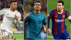 Kylian Mbappe (L) Cristiano Ronaldo (C) Lionel Messi (R).