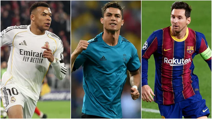 Kylian Mbappe (L) Cristiano Ronaldo (C) Lionel Messi (R).