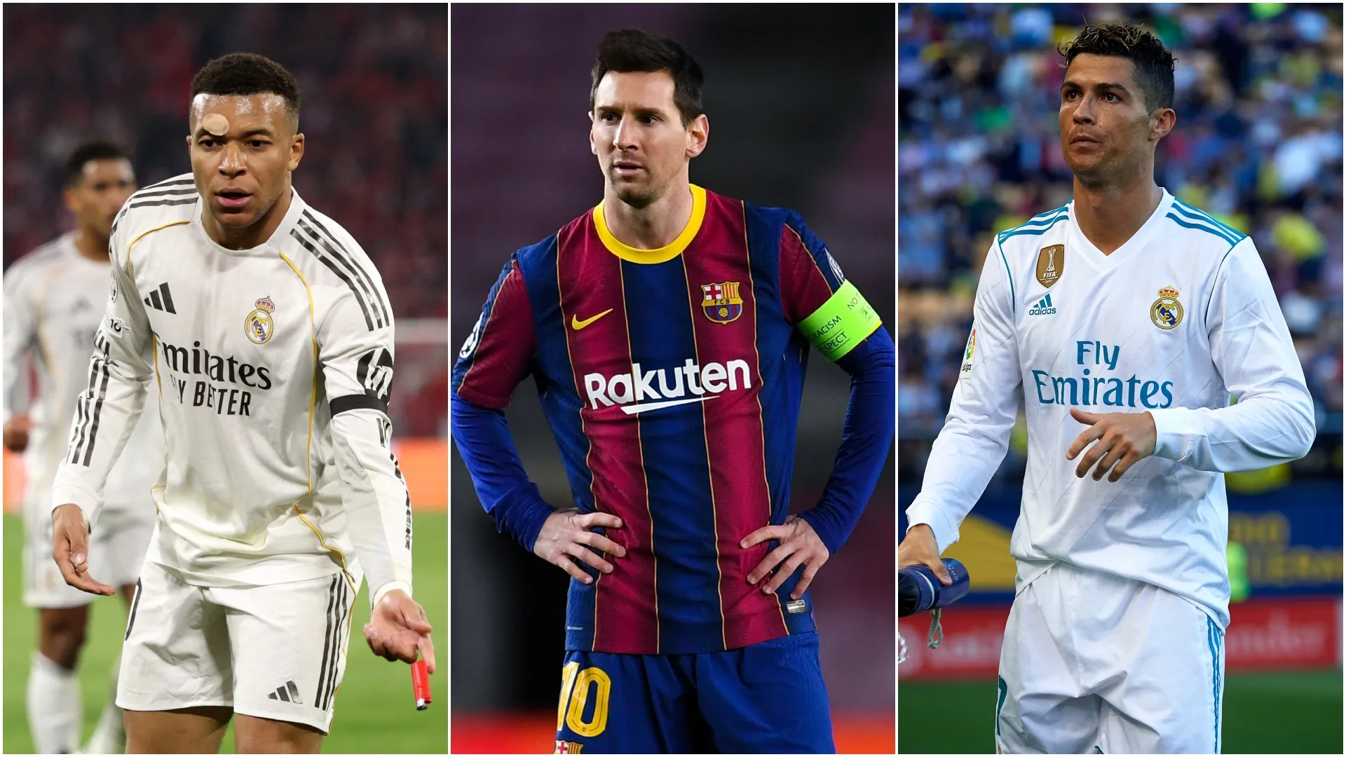 Kylian Mbappe (left), Lionel Messi (middle), and Cristiano Ronaldo (right)