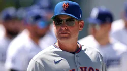 Carlos Mendoza #64 of the Mets looks on during a pre-game ceremony to honor Jackie Robinson.