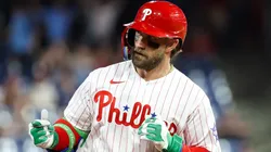 Bryce Harper #3 of the Phillies gives a thumbs up after hitting a home run.