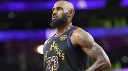 LeBron James #23 of the Los Angeles Lakers looks on.