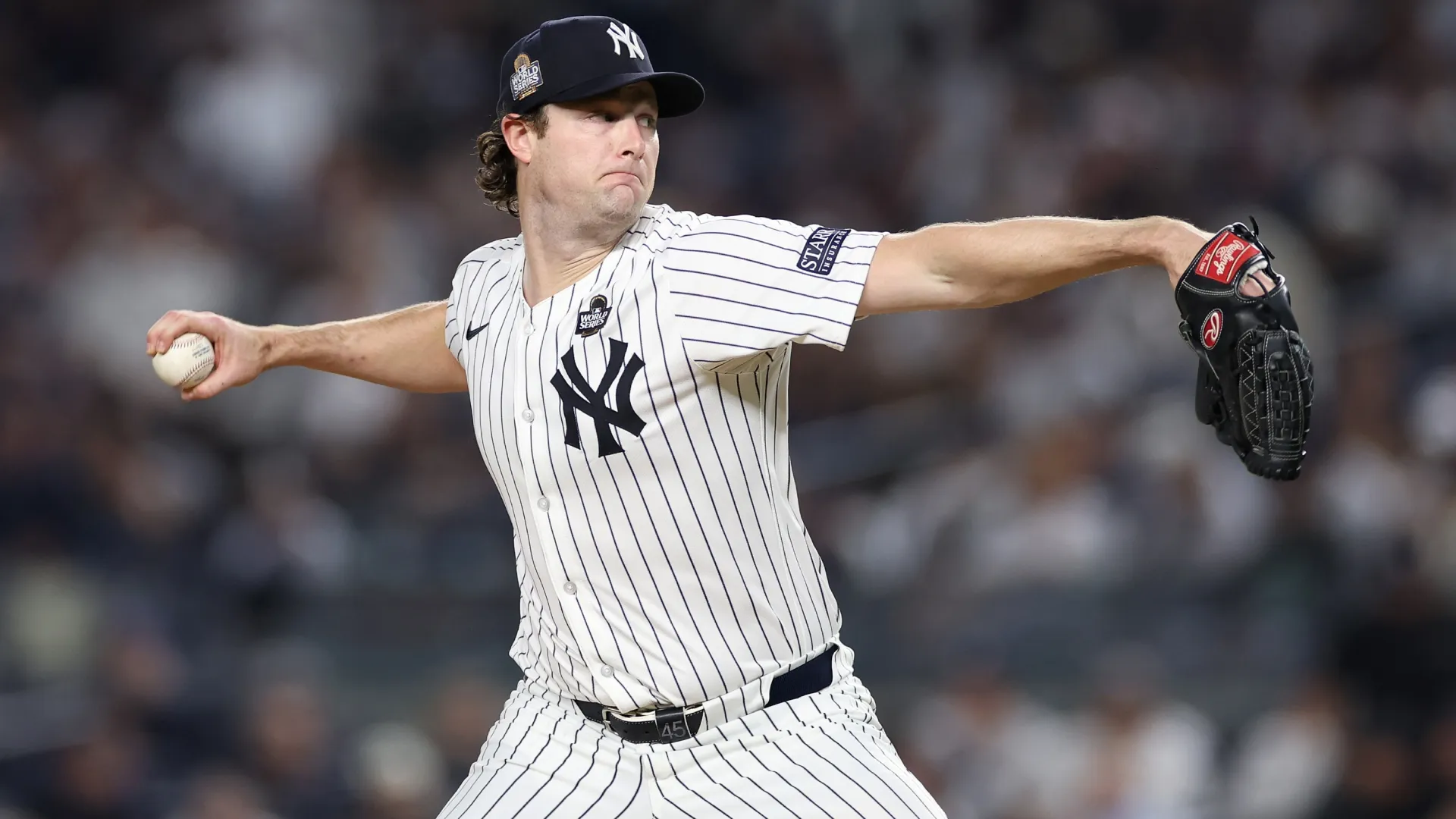 Starting pitcher Gerrit Cole #45 of the Yankees pitches during the 2024 World Series. Sarah Stier/Getty Images