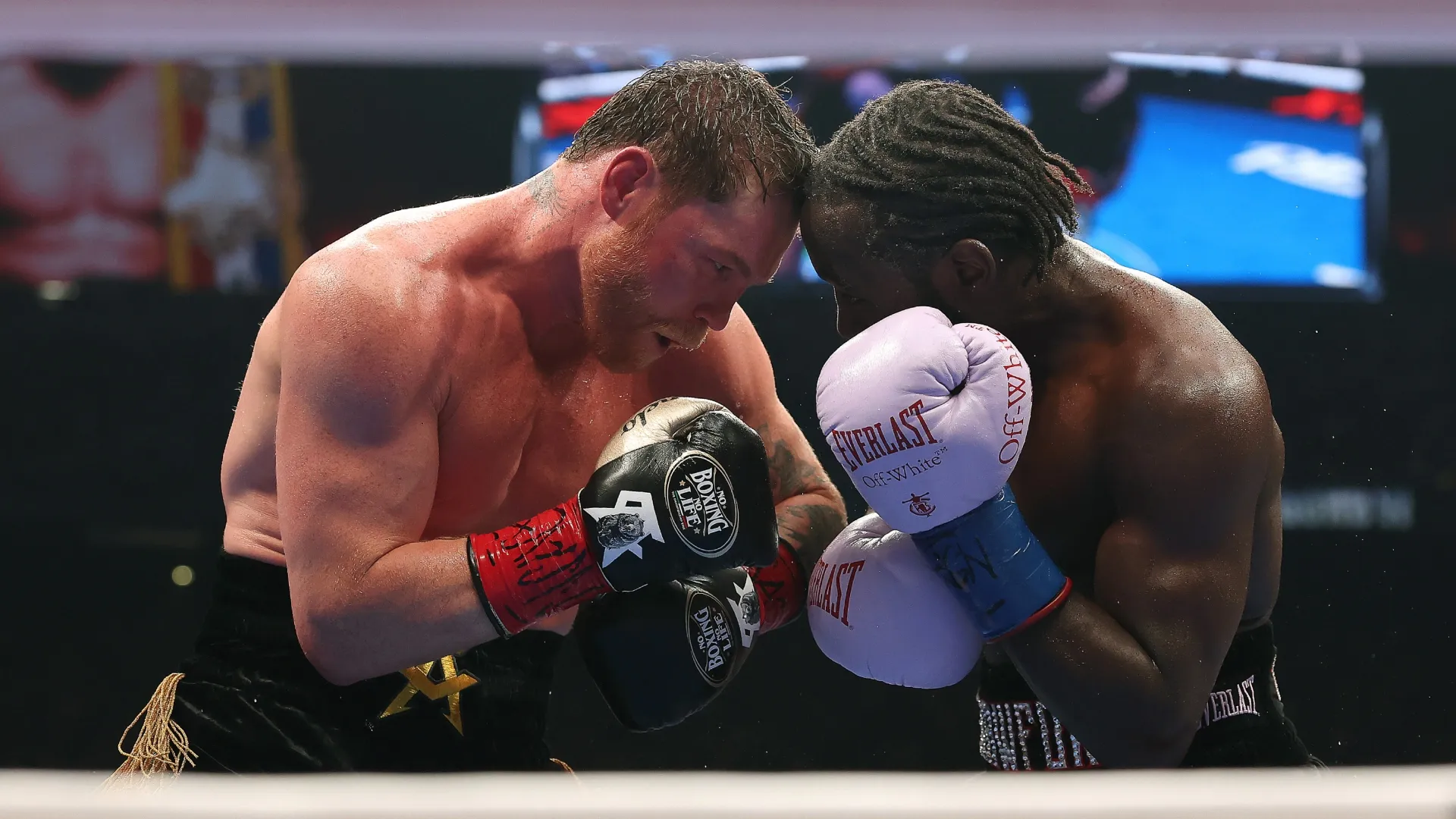 Canelo Alvarez exchanges punches with Terence Crawford. Sarah Stier/Getty Images for Netflix