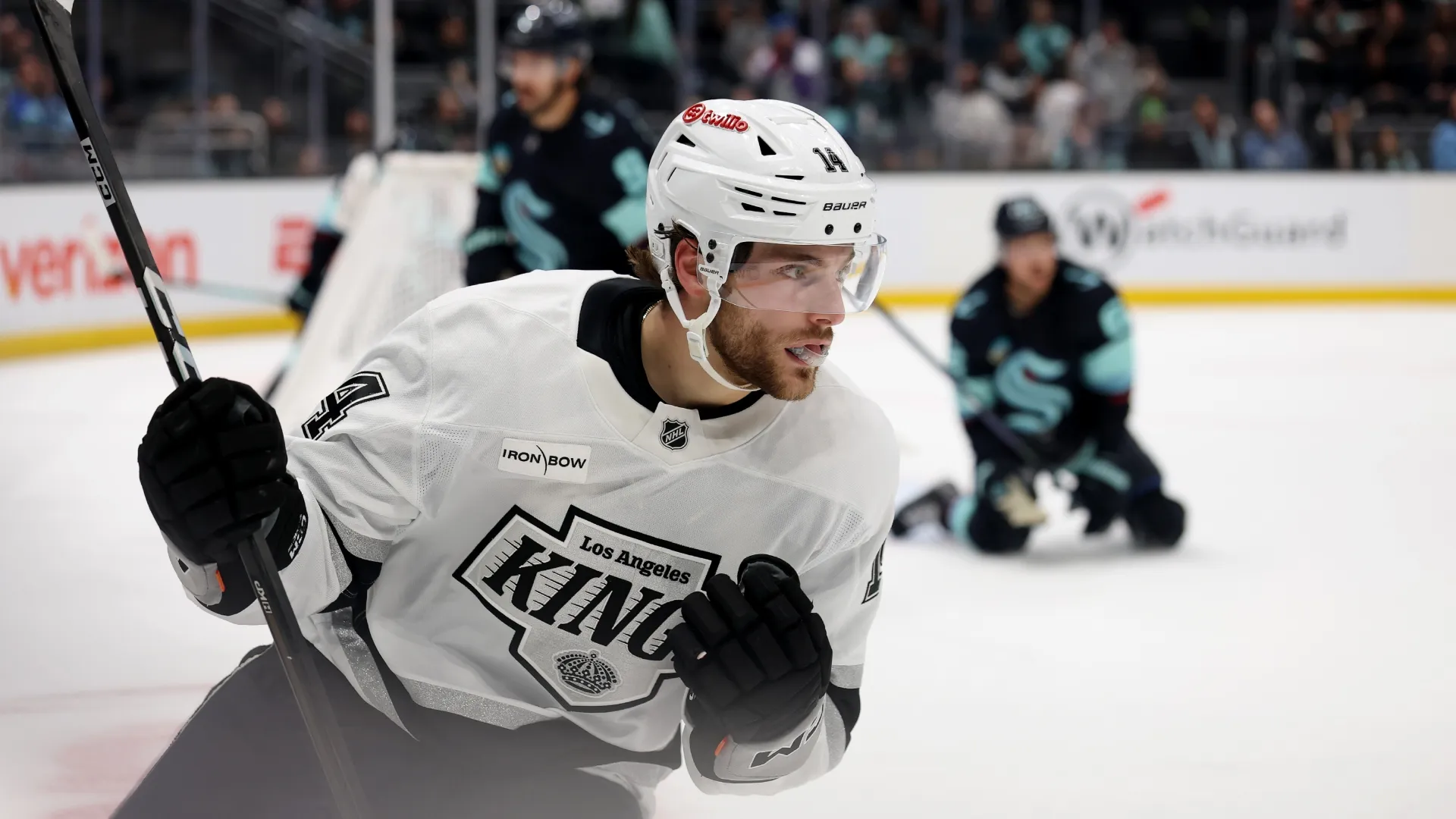 Alex Laferriere scores an empty-net goal during the third period against the Seattle Kraken (Source: Steph Chambers/Getty Images)