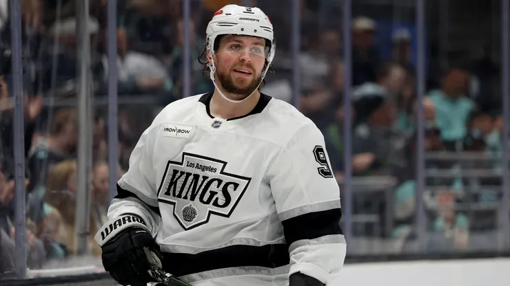 Adrian Kempe #9 of the Los Angeles Kings looks on against the Seattle Kraken in 2026.