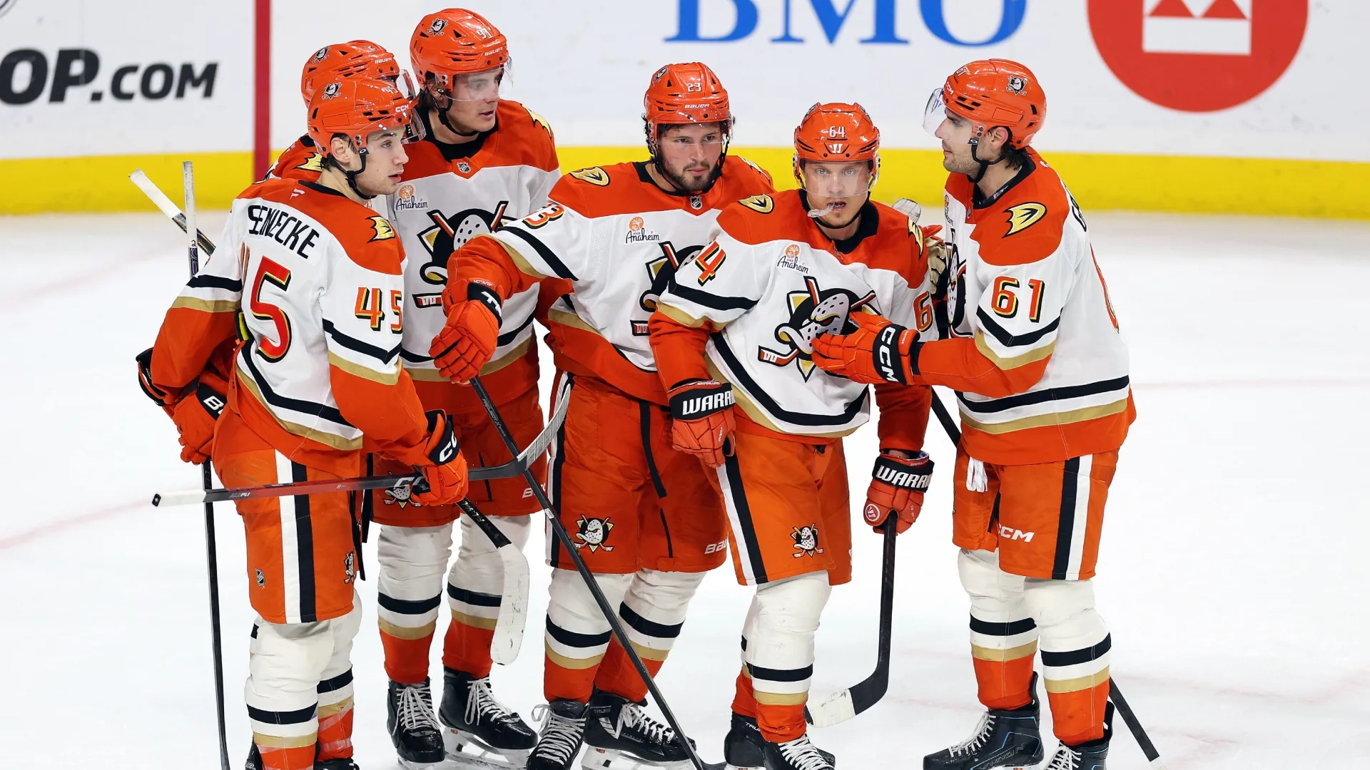 Mason McTavish celebrates his second goal of the game with teammates in 2026 (Source: David Berding/Getty Images)