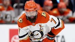 Radko Gudas #7 of the Anaheim Ducks looks on during the first period against the Seattle Kraken.